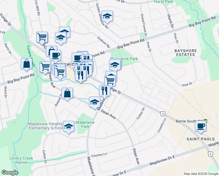 map of restaurants, bars, coffee shops, grocery stores, and more near 4 Madelaine Drive in Barrie