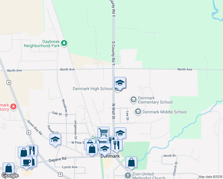 map of restaurants, bars, coffee shops, grocery stores, and more near 450 North Wall Street in Denmark