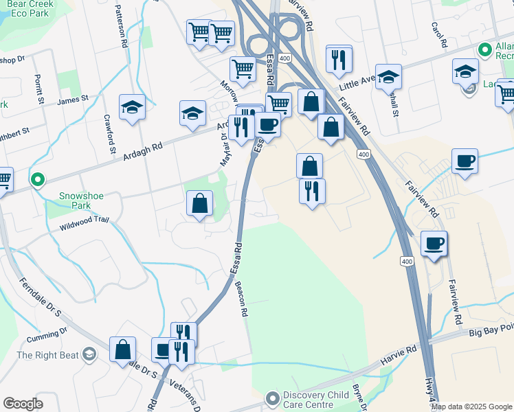 map of restaurants, bars, coffee shops, grocery stores, and more near 306 Essa Road in Barrie