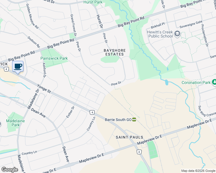 map of restaurants, bars, coffee shops, grocery stores, and more near 257 Pine Drive in Barrie