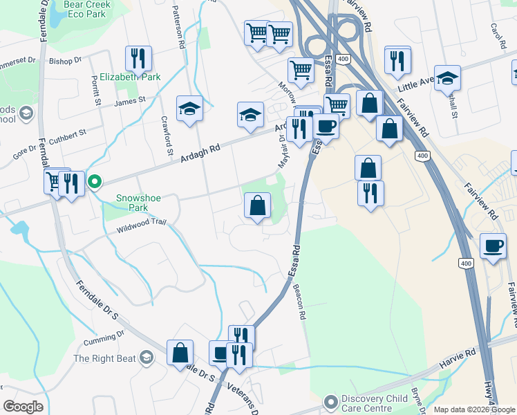 map of restaurants, bars, coffee shops, grocery stores, and more near 2 Evergreen Court in Barrie