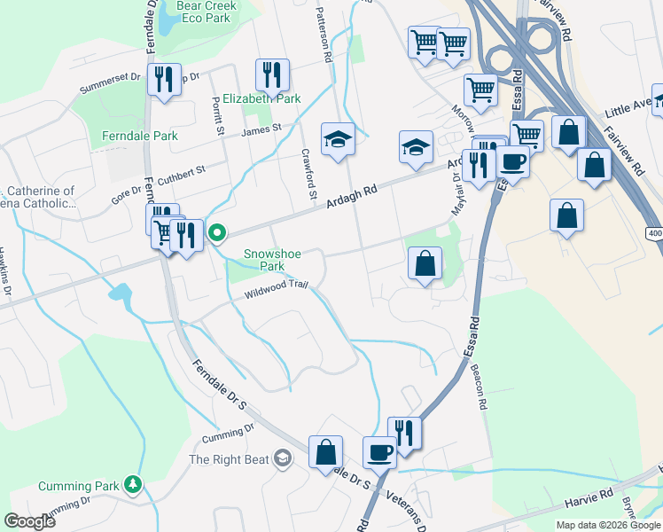 map of restaurants, bars, coffee shops, grocery stores, and more near 30 Dove Crescent in Barrie