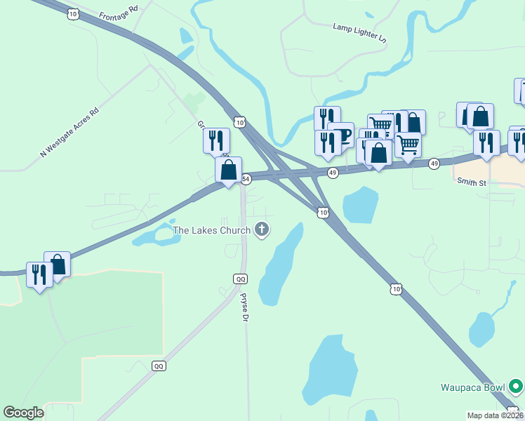 map of restaurants, bars, coffee shops, grocery stores, and more near 109 County Road QQ in Waupaca