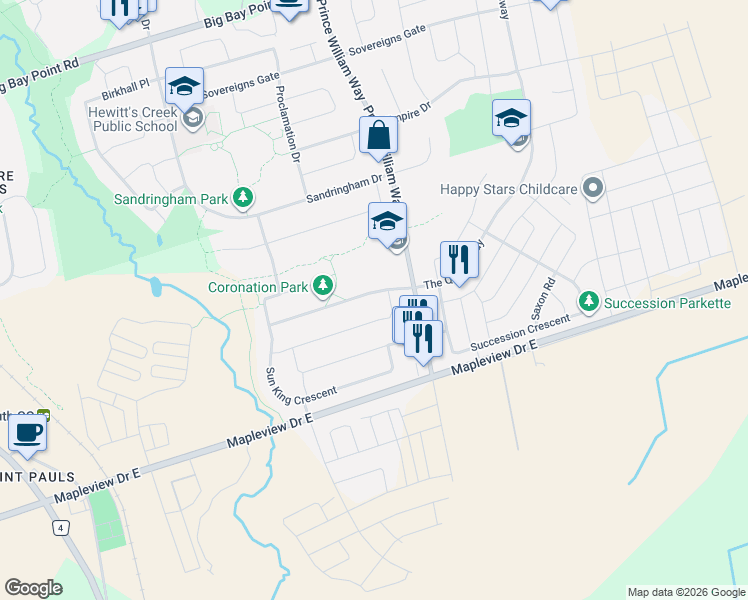 map of restaurants, bars, coffee shops, grocery stores, and more near 89 Coronation Parkway in Barrie