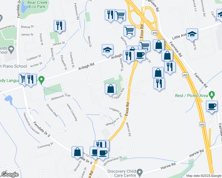 map of restaurants, bars, coffee shops, grocery stores, and more near 3 Evergreen Court in Barrie