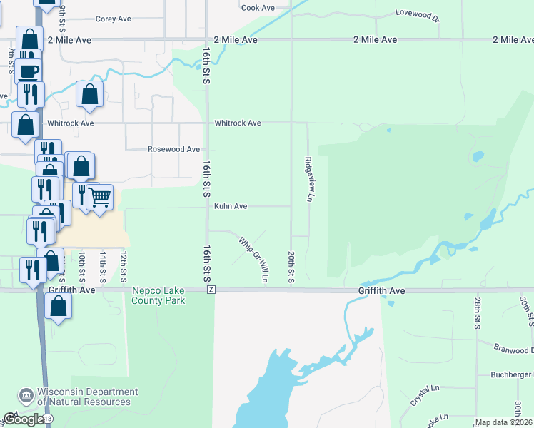 map of restaurants, bars, coffee shops, grocery stores, and more near 1820 Kuhn Avenue in Wisconsin Rapids