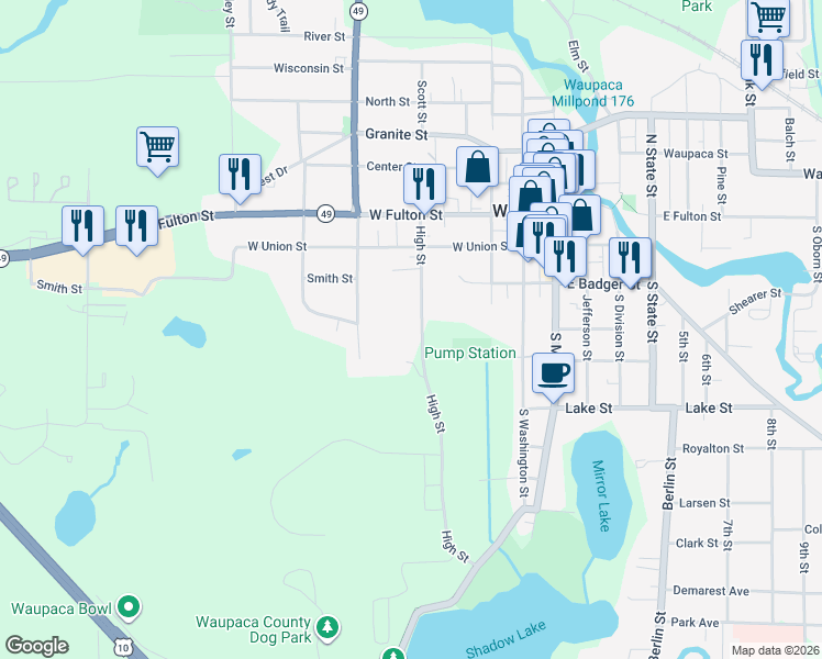 map of restaurants, bars, coffee shops, grocery stores, and more near 336 High Street in Waupaca