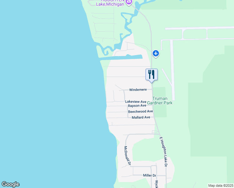 map of restaurants, bars, coffee shops, grocery stores, and more near 201-213 Turtle Trail in Roscommon