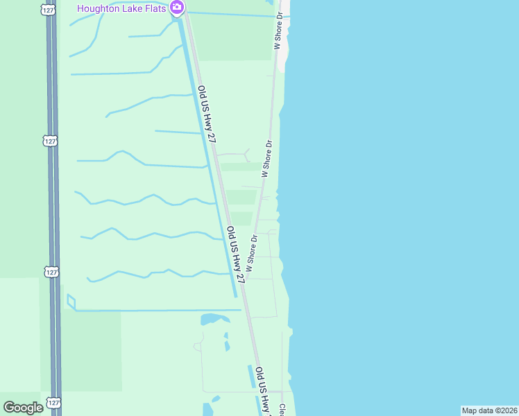 map of restaurants, bars, coffee shops, grocery stores, and more near West Shore Drive in Houghton Lake