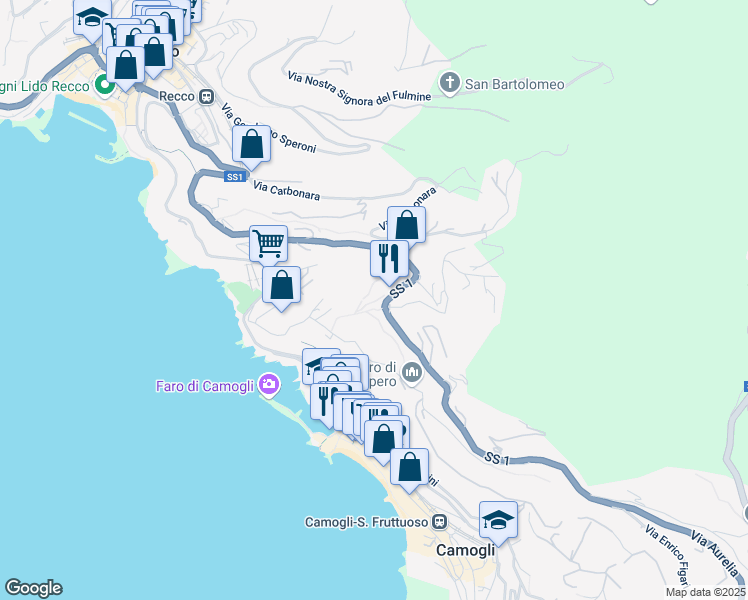 map of restaurants, bars, coffee shops, grocery stores, and more near 39 Via San Giacomo in Camogli