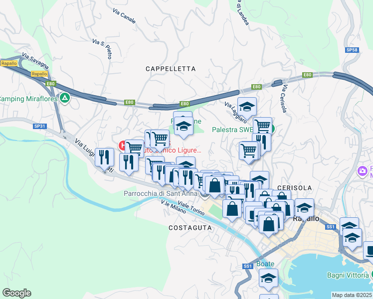 map of restaurants, bars, coffee shops, grocery stores, and more near 1 Via Privata Benedetto Brin in Rapallo