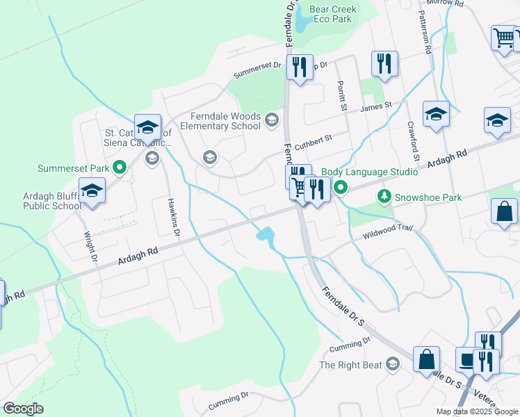 map of restaurants, bars, coffee shops, grocery stores, and more near 250 Ardagh Road in Barrie
