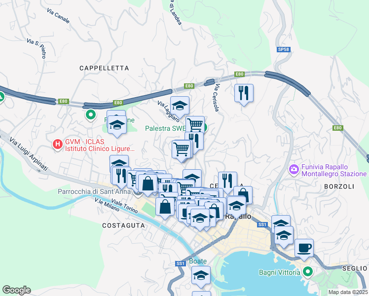 map of restaurants, bars, coffee shops, grocery stores, and more near 6 Via Privata Schiappacasse in Rapallo