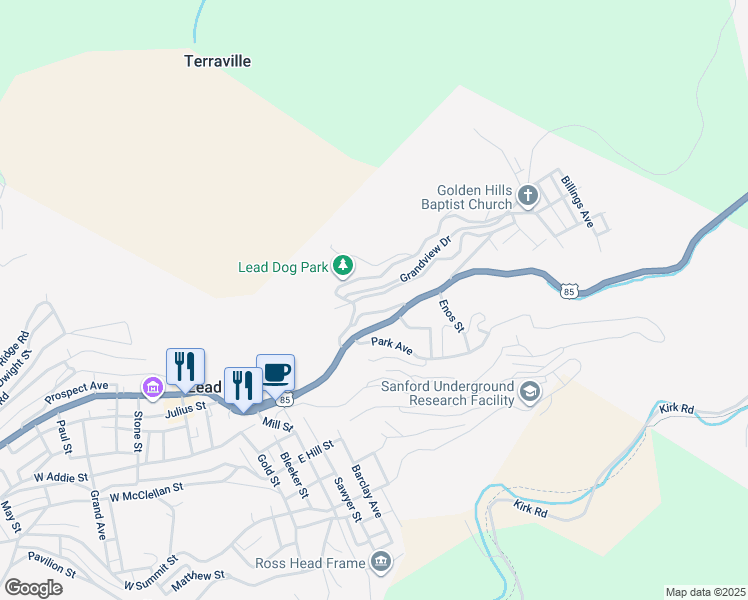 map of restaurants, bars, coffee shops, grocery stores, and more near 317 Fox Street in Lead
