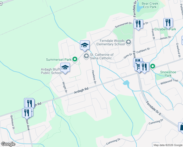 map of restaurants, bars, coffee shops, grocery stores, and more near 28 Hawkins Drive in Barrie
