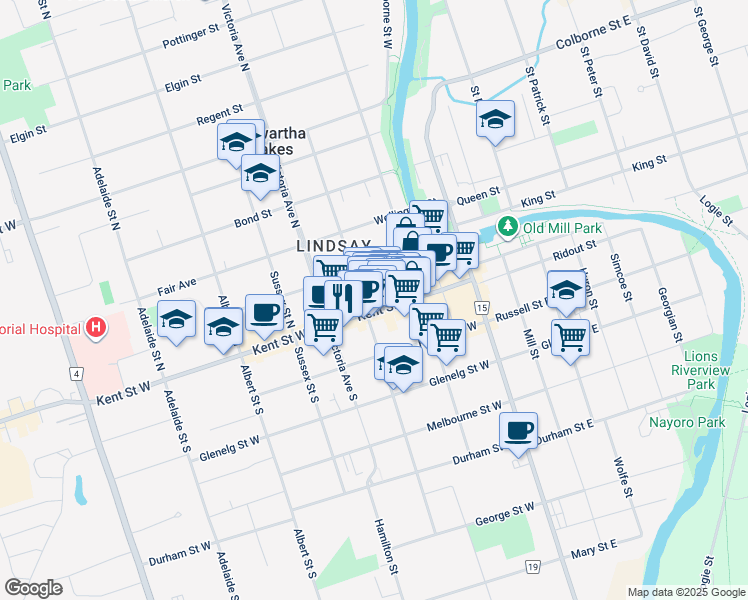 map of restaurants, bars, coffee shops, grocery stores, and more near 6 Cambridge Street North in Kawartha Lakes