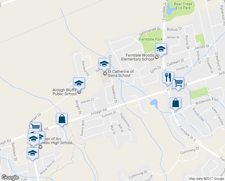 map of restaurants, bars, coffee shops, grocery stores, and more near 27 Hawkins Drive in Barrie