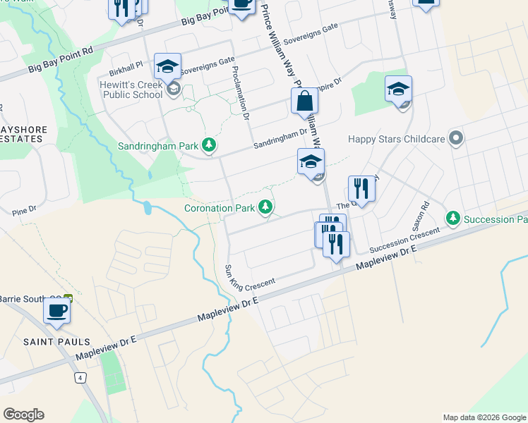 map of restaurants, bars, coffee shops, grocery stores, and more near 119 Bourbon Circle in Barrie