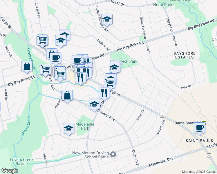 map of restaurants, bars, coffee shops, grocery stores, and more near 681 Yonge Street in Barrie