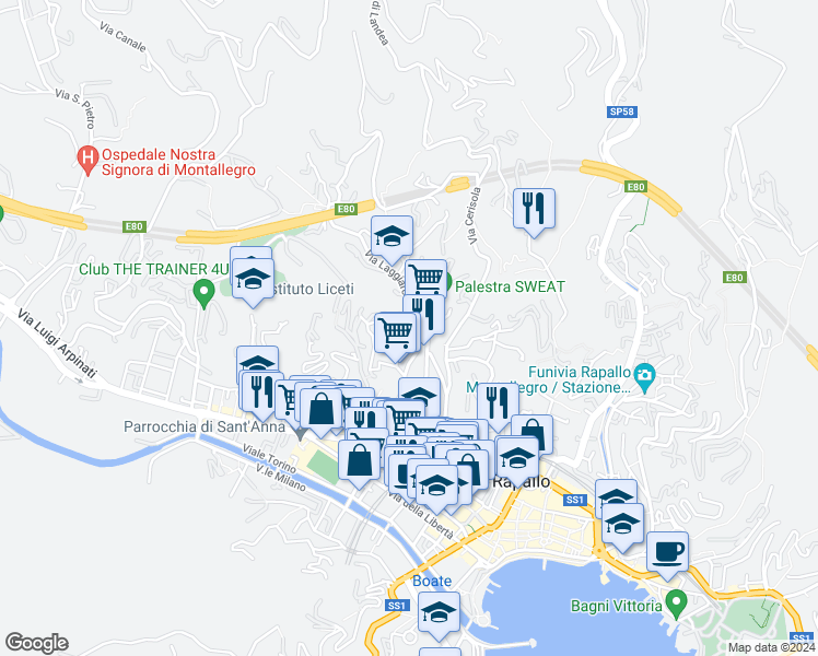 map of restaurants, bars, coffee shops, grocery stores, and more near 6 Via Privata Schiappacasse in Rapallo