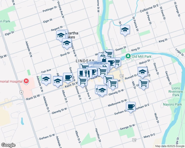 map of restaurants, bars, coffee shops, grocery stores, and more near 6 Cambridge Street North in Kawartha Lakes