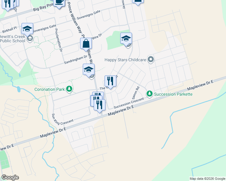 map of restaurants, bars, coffee shops, grocery stores, and more near 22 Diana Way in Barrie