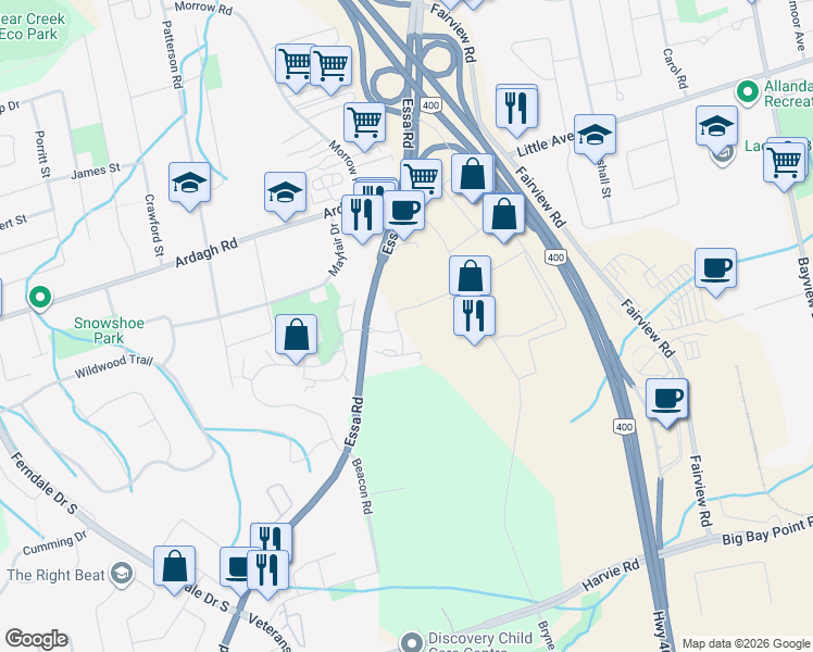 map of restaurants, bars, coffee shops, grocery stores, and more near in Barrie