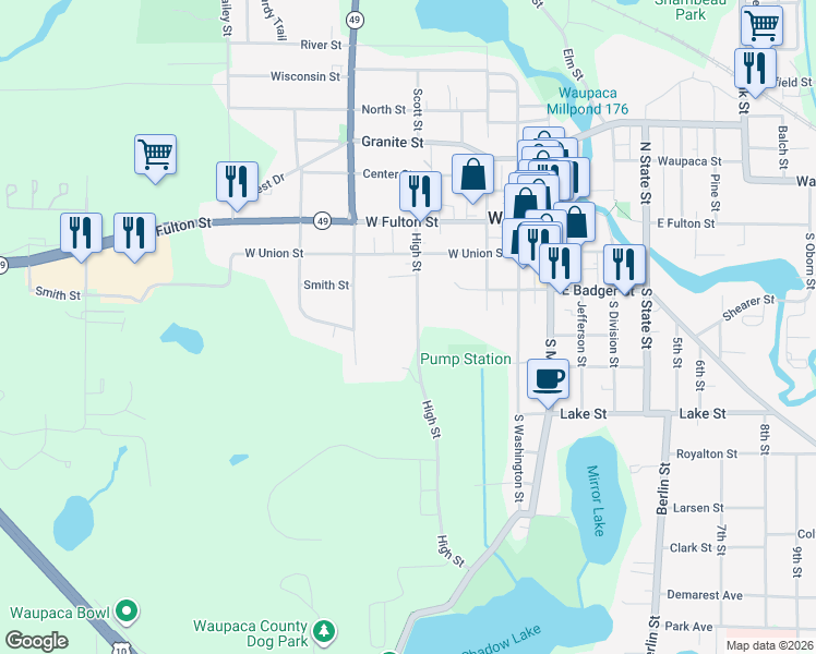 map of restaurants, bars, coffee shops, grocery stores, and more near 336 High Street in Waupaca