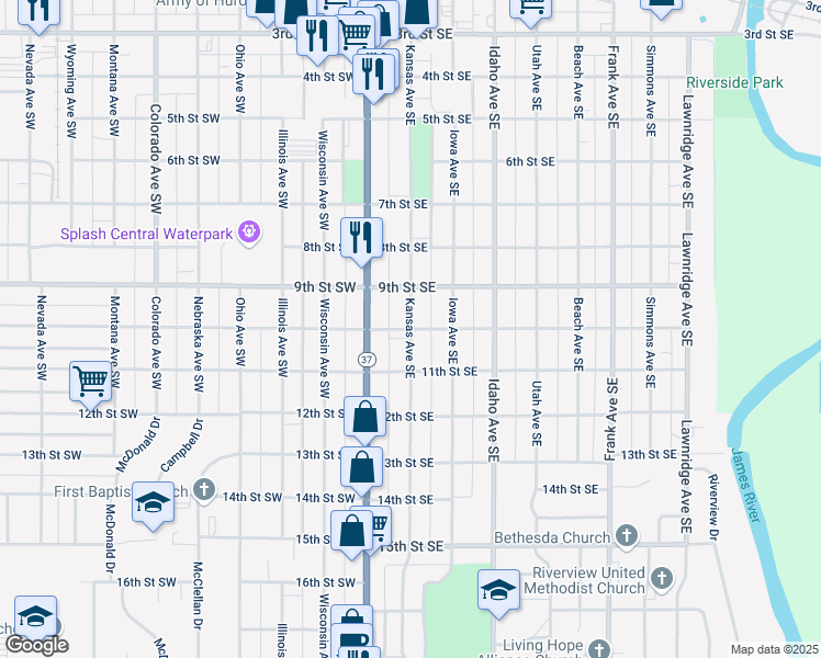 map of restaurants, bars, coffee shops, grocery stores, and more near 99 10th St SE in Huron
