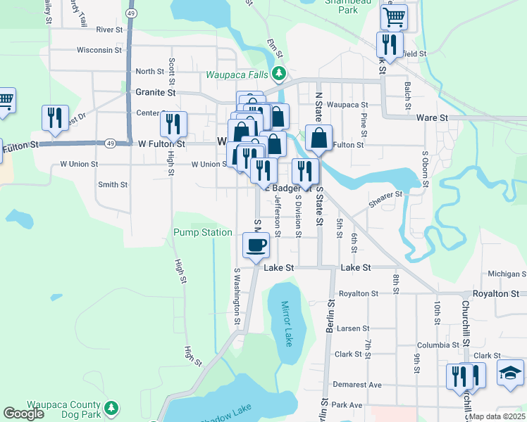 map of restaurants, bars, coffee shops, grocery stores, and more near 321 South Main Street in Waupaca