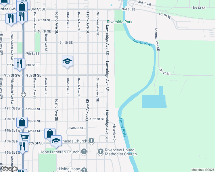 map of restaurants, bars, coffee shops, grocery stores, and more near 1000 Lawnridge Avenue Southeast in Huron