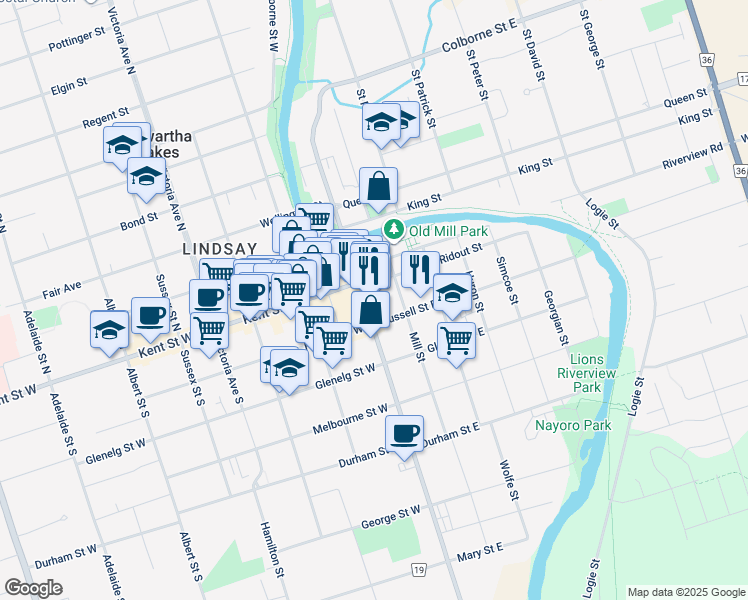 map of restaurants, bars, coffee shops, grocery stores, and more near in Kawartha Lakes