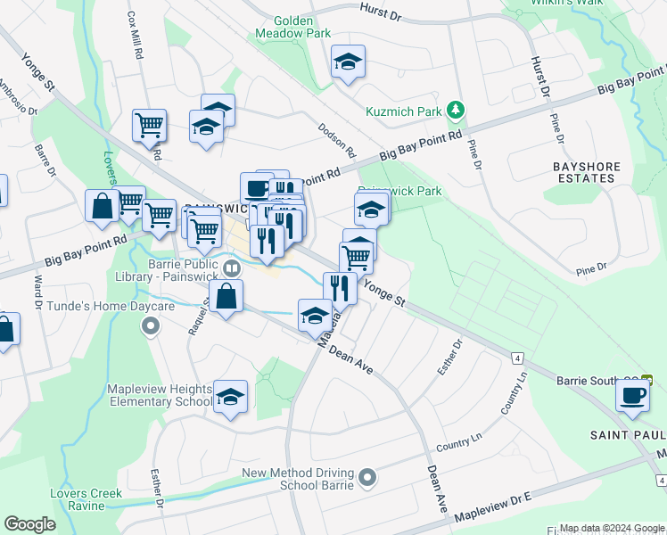 map of restaurants, bars, coffee shops, grocery stores, and more near 666 Yonge Street in Barrie