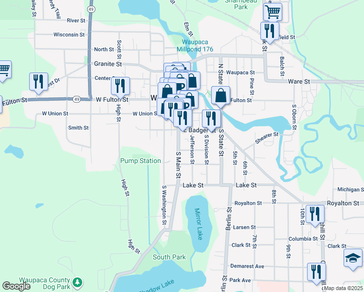 map of restaurants, bars, coffee shops, grocery stores, and more near 498 South Main Street in Waupaca