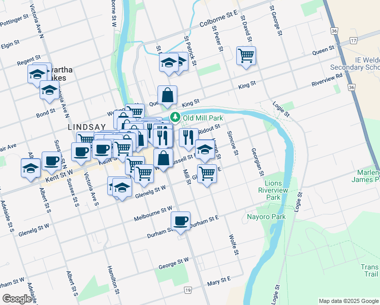 map of restaurants, bars, coffee shops, grocery stores, and more near 18 Russell Street East in Kawartha Lakes