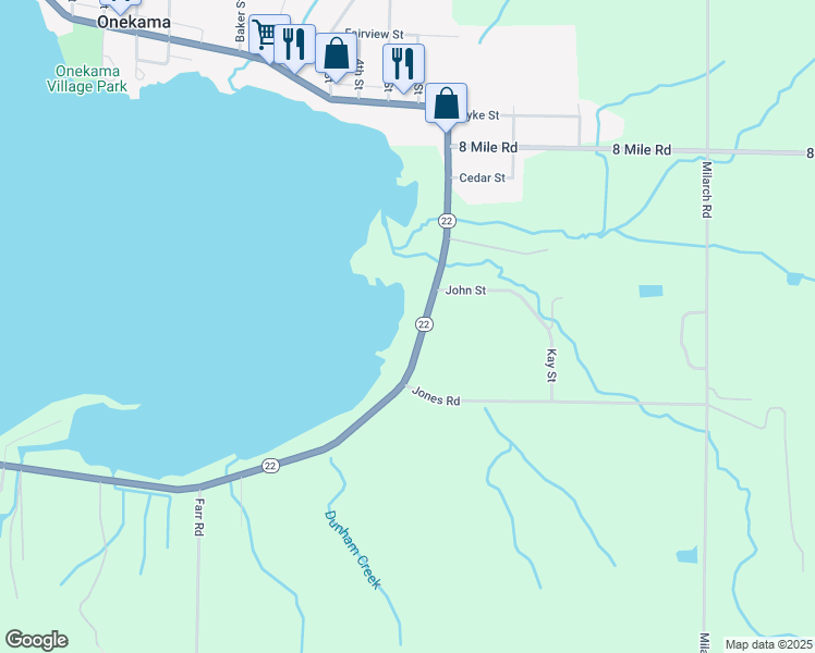 map of restaurants, bars, coffee shops, grocery stores, and more near 7574 1st Street in Onekama