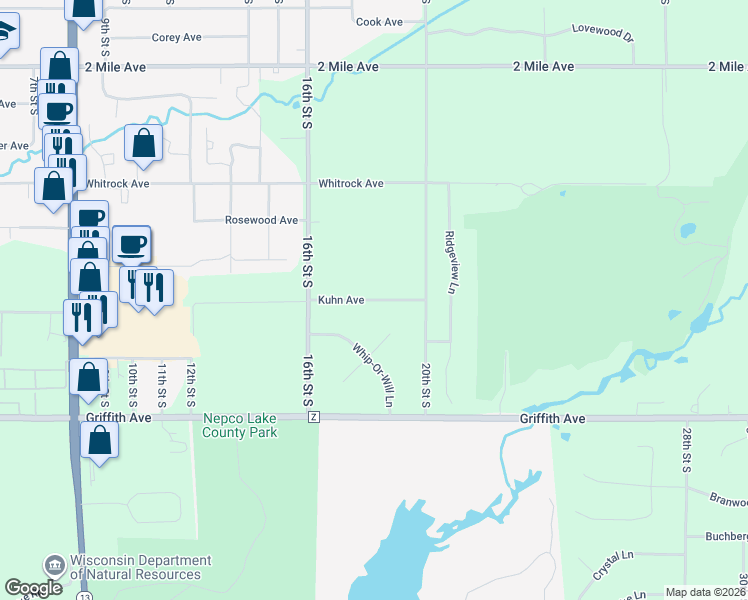 map of restaurants, bars, coffee shops, grocery stores, and more near 1820 Kuhn Avenue in Wisconsin Rapids