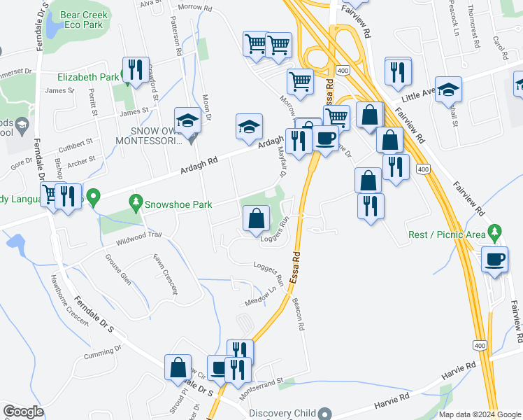 map of restaurants, bars, coffee shops, grocery stores, and more near 12 Evergreen Court in Barrie