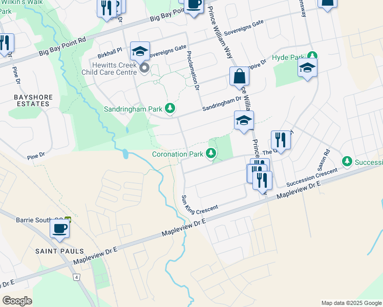 map of restaurants, bars, coffee shops, grocery stores, and more near 102 Bourbon Circle in Barrie