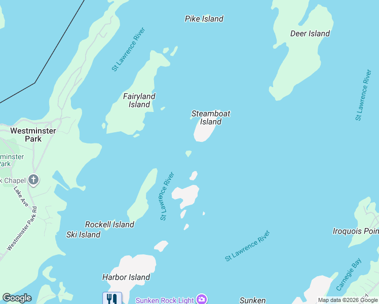 map of restaurants, bars, coffee shops, grocery stores, and more near 47506 Little Steamboat Island in Alexandria Bay