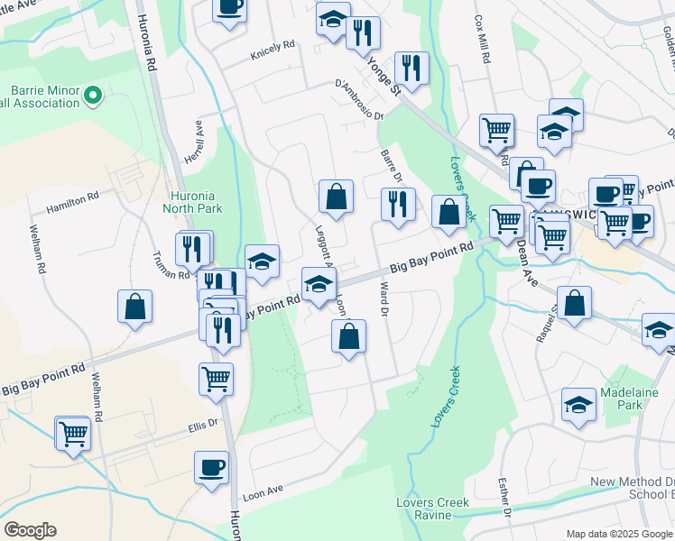 map of restaurants, bars, coffee shops, grocery stores, and more near 1 Leggott Avenue in Barrie