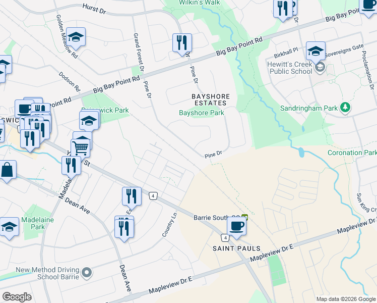 map of restaurants, bars, coffee shops, grocery stores, and more near 249 Pine Drive in Barrie