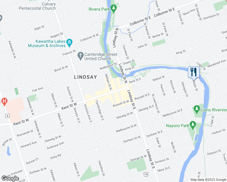 map of restaurants, bars, coffee shops, grocery stores, and more near 24 William Street North in Kawartha Lakes