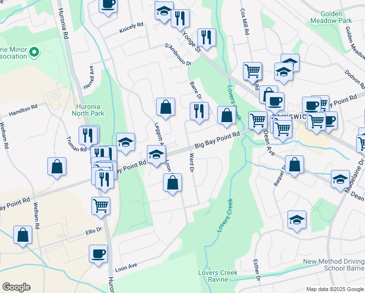 map of restaurants, bars, coffee shops, grocery stores, and more near 392 Big Bay Point Road in Barrie