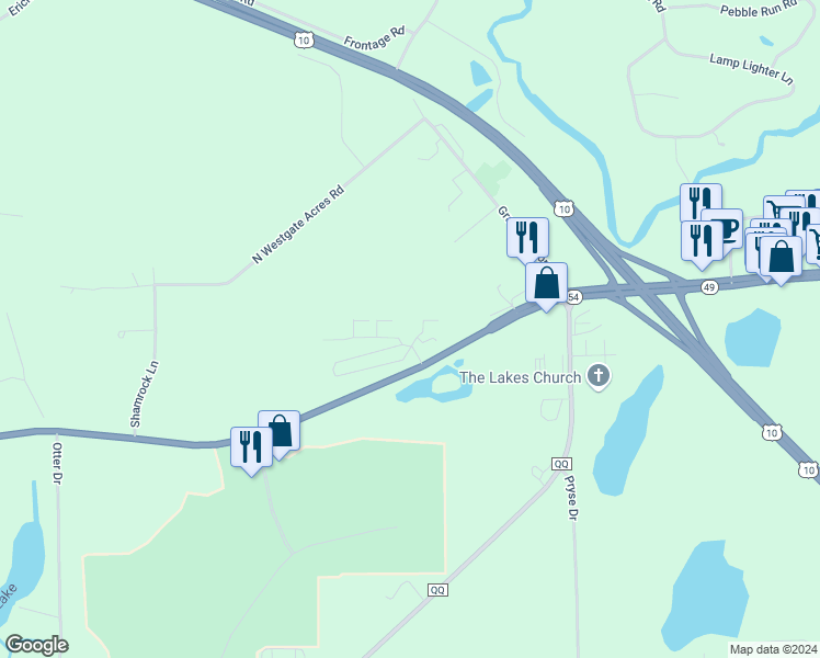 map of restaurants, bars, coffee shops, grocery stores, and more near 1318 Stone Ridge Road in Waupaca
