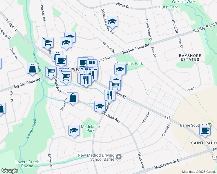 map of restaurants, bars, coffee shops, grocery stores, and more near in Barrie