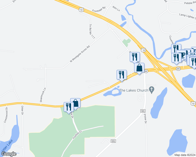 map of restaurants, bars, coffee shops, grocery stores, and more near 1318 Stone Ridge Road in Waupaca