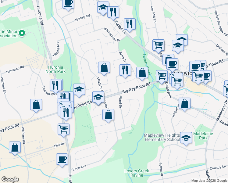 map of restaurants, bars, coffee shops, grocery stores, and more near 392 Big Bay Point Road in Barrie