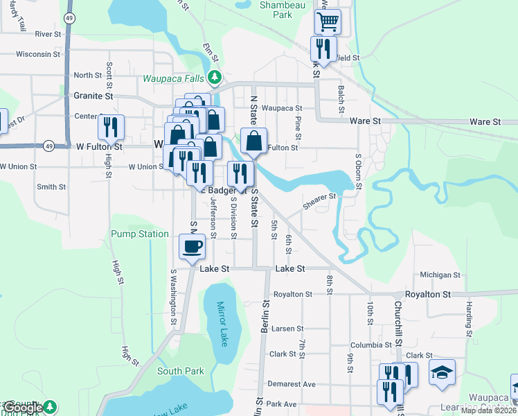 map of restaurants, bars, coffee shops, grocery stores, and more near 418 School Street in Waupaca