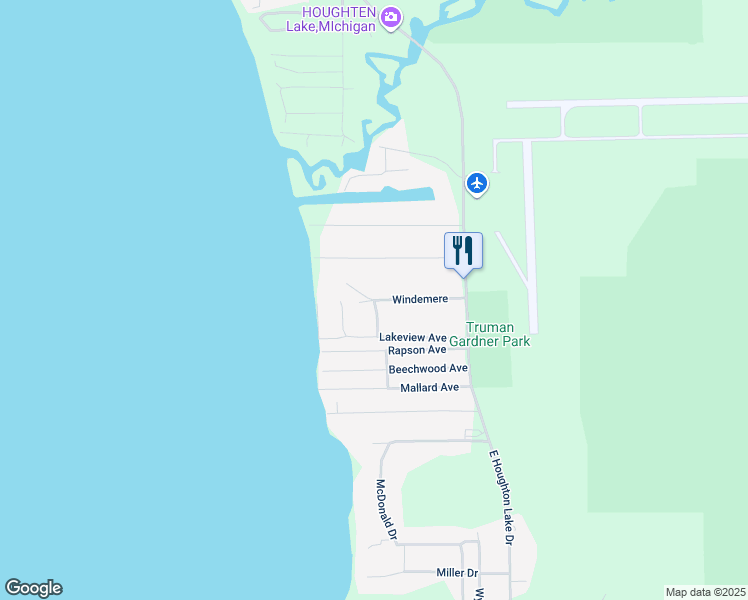 map of restaurants, bars, coffee shops, grocery stores, and more near 201 Turtle Trail in Houghton Lake